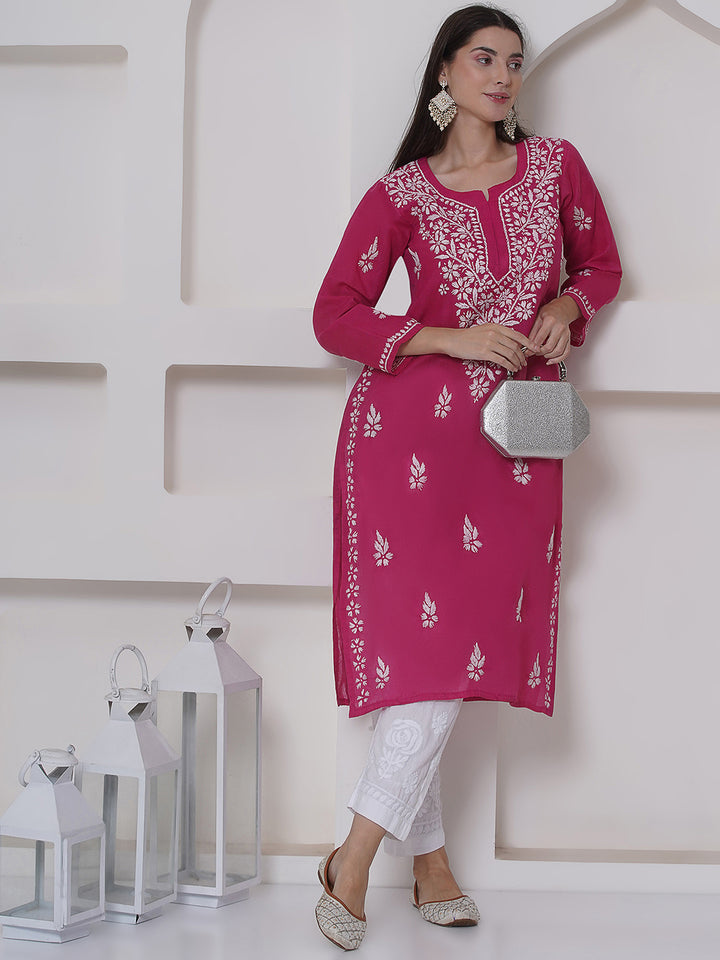 Dark Pink Cotton Chikankari Kurti For Women