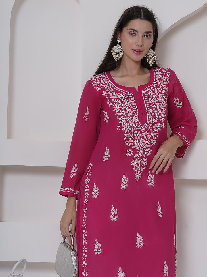 Dark Pink Cotton Chikankari Kurti For Women