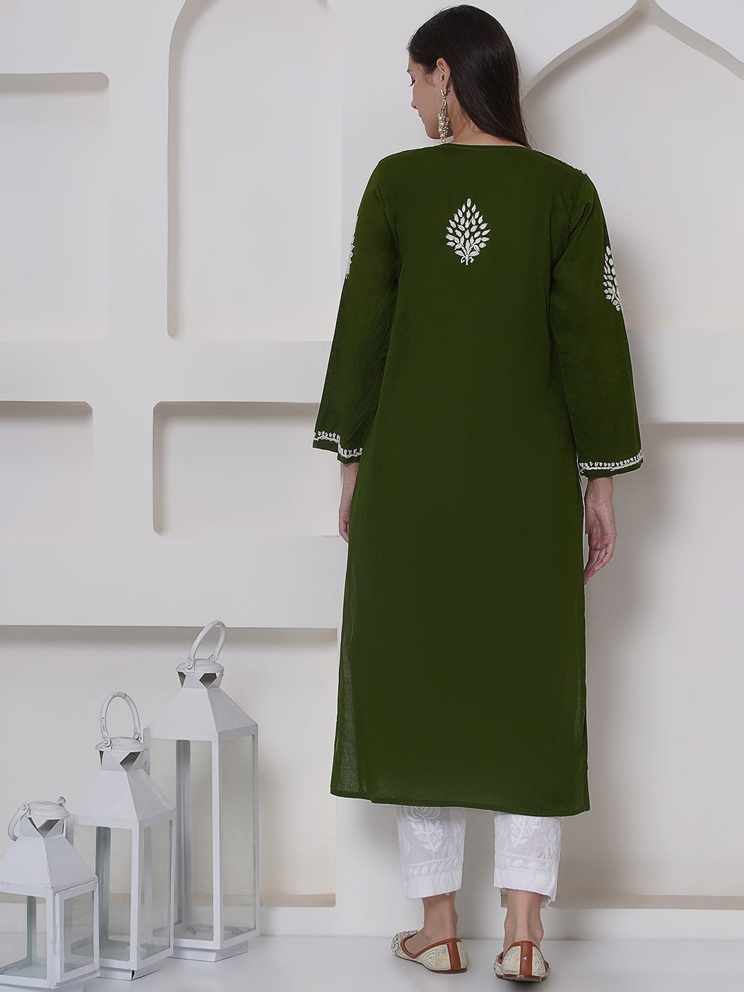 Mehandi Green Cotton Chikankari Kurti For Women