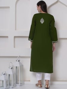 Mehandi Green Cotton Chikankari Kurti For Women