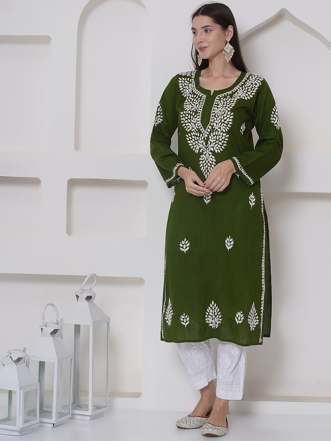 Mehandi Green Cotton Chikankari Kurti For Women