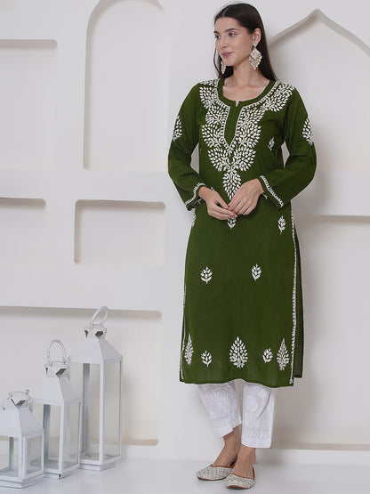 Mehandi Green Cotton Chikankari Kurti For Women