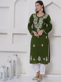 Mehandi Green Cotton Chikankari Kurti For Women