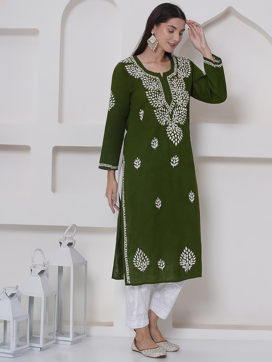 Mehandi Green Cotton Chikankari Kurti For Women
