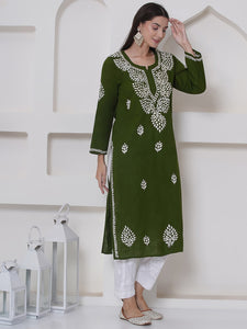 Mehandi Green Cotton Chikankari Kurti For Women