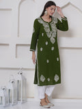 Mehandi Green Cotton Chikankari Kurti For Women