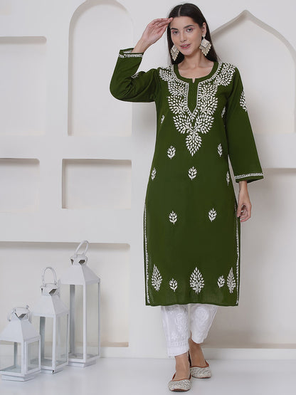 Mehandi Green Cotton Chikankari Kurti For Women