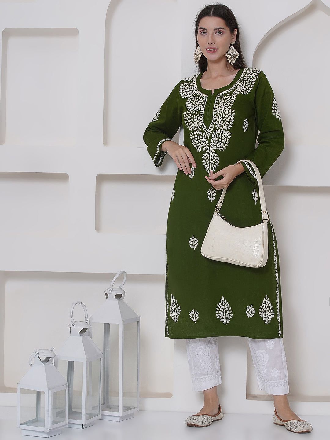 Mehandi Green Cotton Chikankari Kurti For Women
