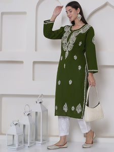 Mehandi Green Cotton Chikankari Kurti For Women