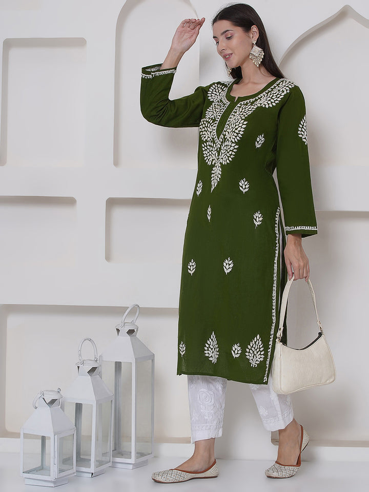 Mehandi Green Cotton Chikankari Kurti For Women