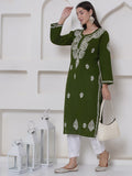 Mehandi Green Cotton Chikankari Kurti For Women