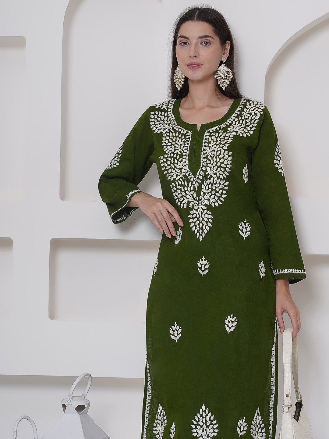 Mehandi Green Cotton Chikankari Kurti For Women