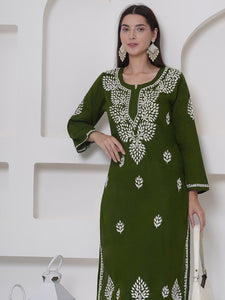 Mehandi Green Cotton Chikankari Kurti For Women