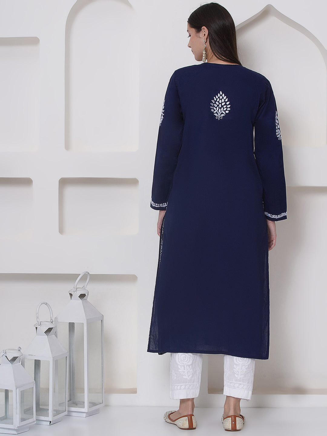 Navy Blue Cotton Chikankari Kurti For Women