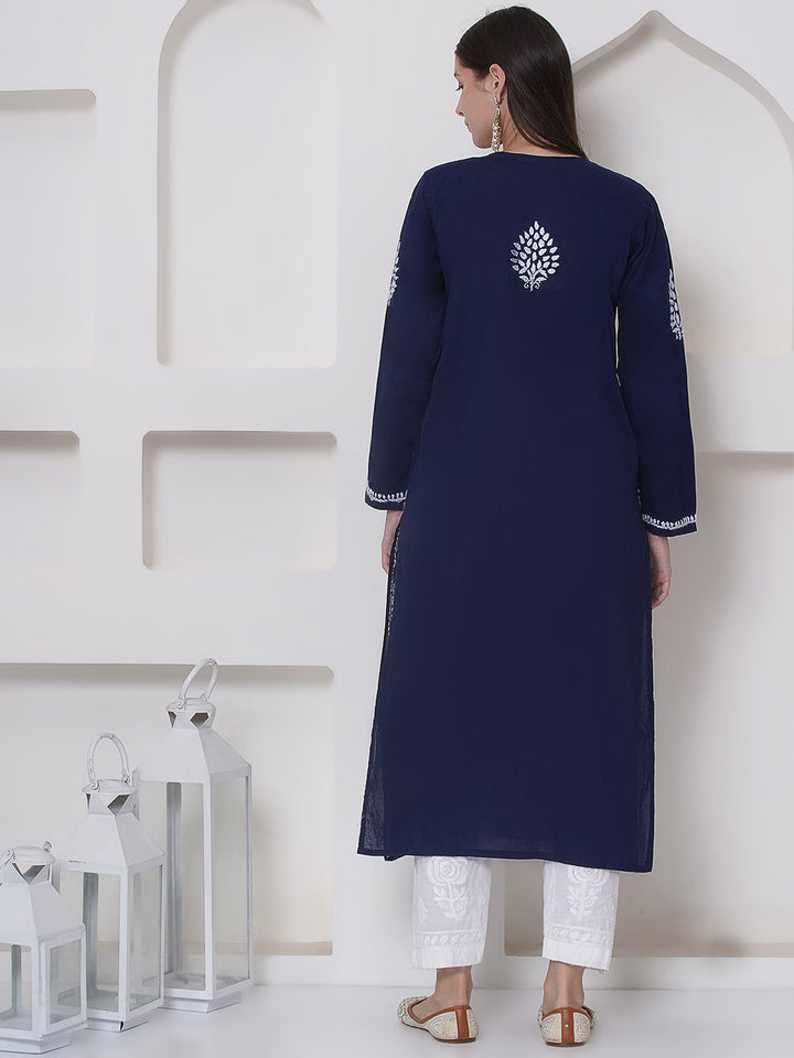 Navy Blue Cotton Chikankari Kurti For Women