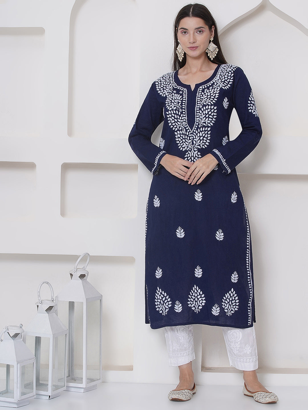 Navy Blue Cotton Chikankari Kurti For Women
