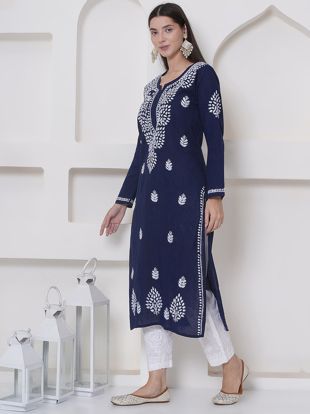 Navy Blue Cotton Chikankari Kurti For Women