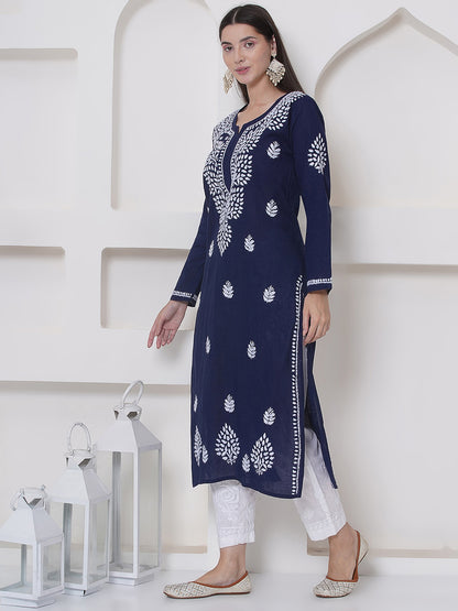 Navy Blue Cotton Chikankari Kurti For Women