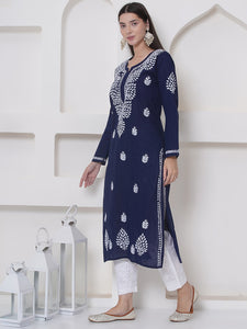 Navy Blue Cotton Chikankari Kurti For Women