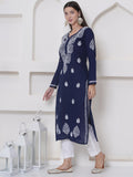 Navy Blue Cotton Chikankari Kurti For Women