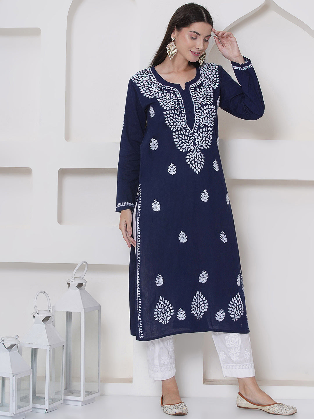 Navy Blue Cotton Chikankari Kurti For Women