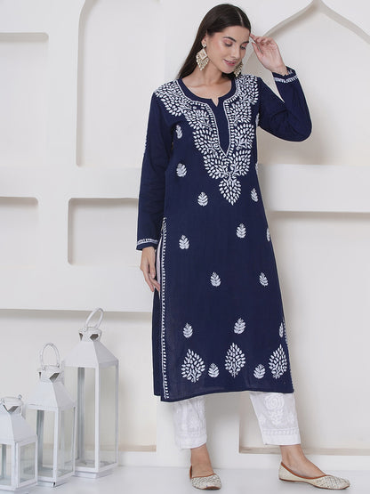 Navy Blue Cotton Chikankari Kurti For Women