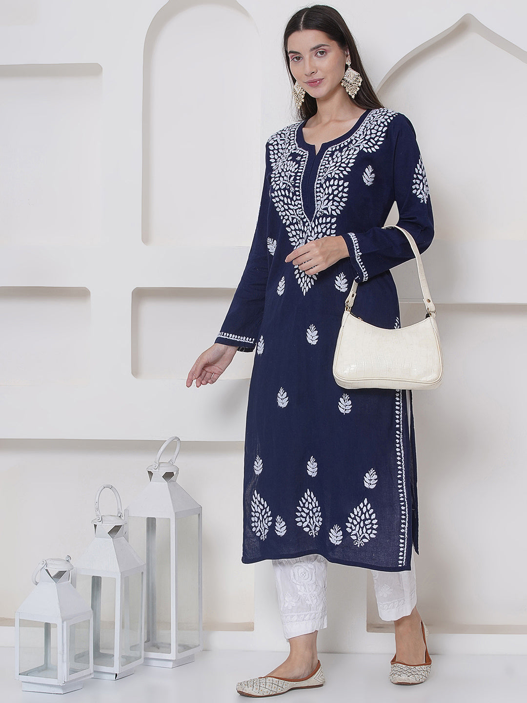 Navy Blue Cotton Chikankari Kurti For Women