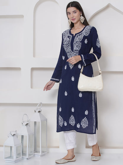 Navy Blue Cotton Chikankari Kurti For Women