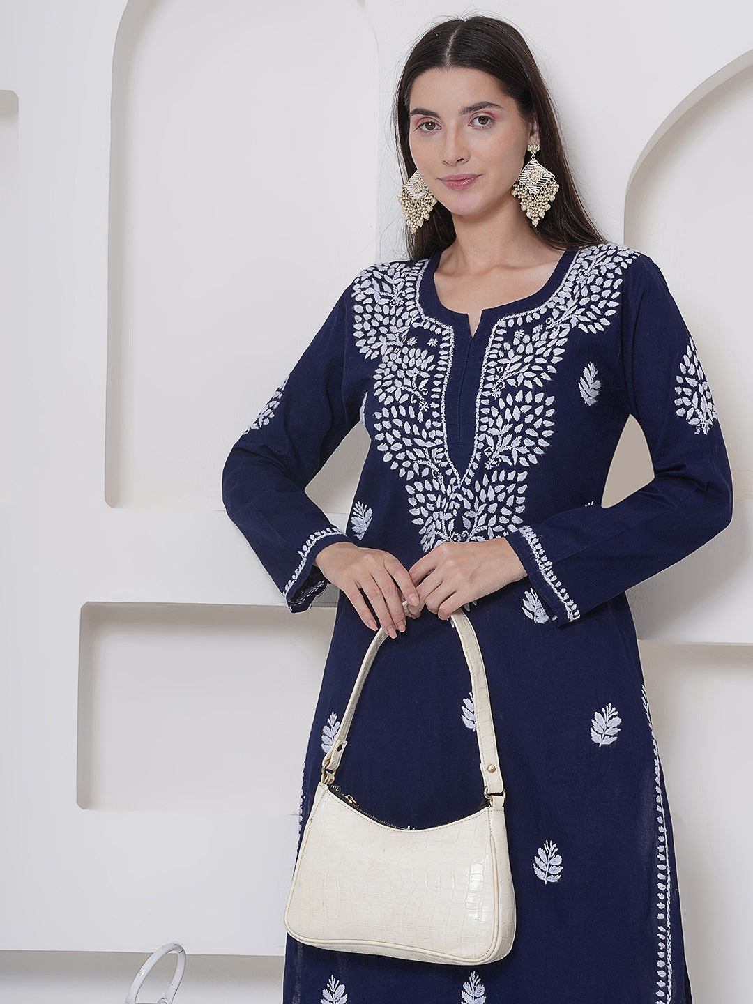 Navy Blue Cotton Chikankari Kurti For Women