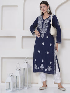 Navy Blue Cotton Chikankari Kurti For Women