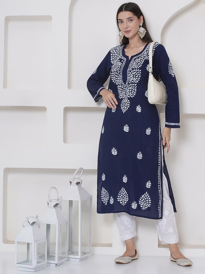 Navy Blue Cotton Chikankari Kurti For Women