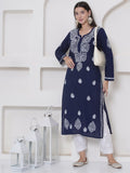 Navy Blue Cotton Chikankari Kurti For Women