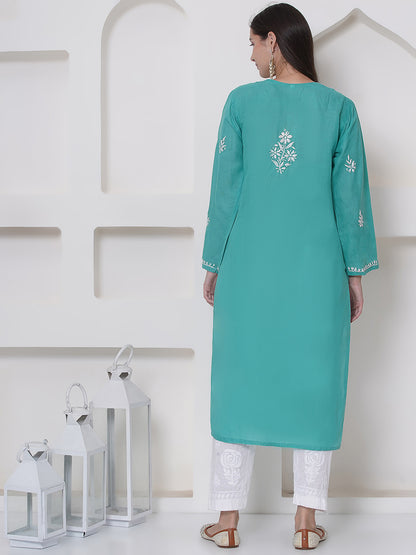 Sea Green Cotton Chikankari Kurti For Women