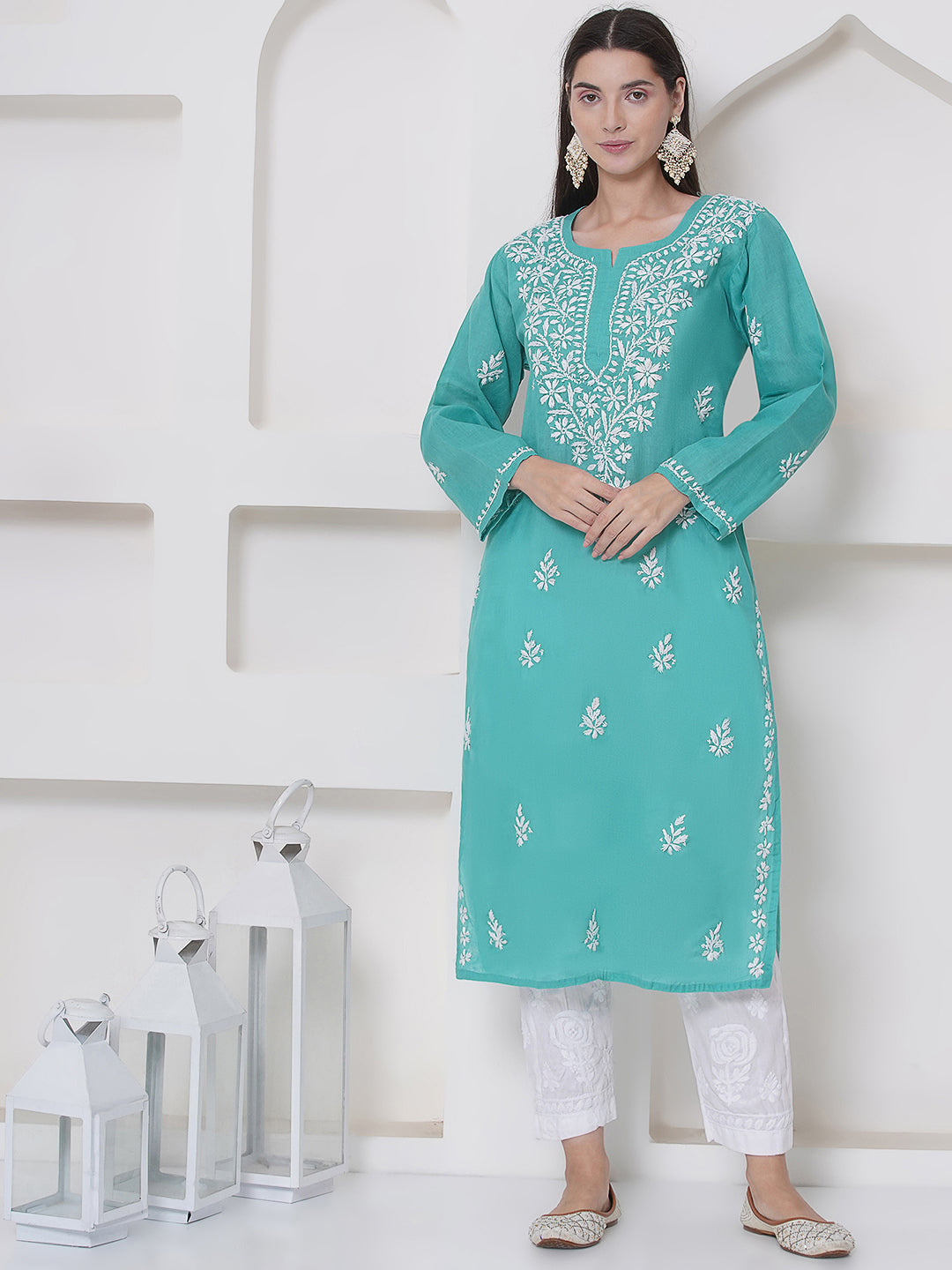 Sea Green Cotton Chikankari Kurti For Women