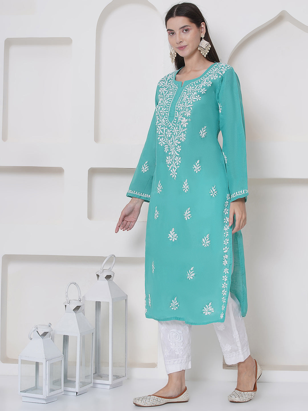 Sea Green Cotton Chikankari Kurti For Women