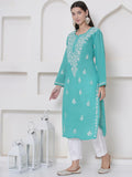 Sea Green Cotton Chikankari Kurti For Women