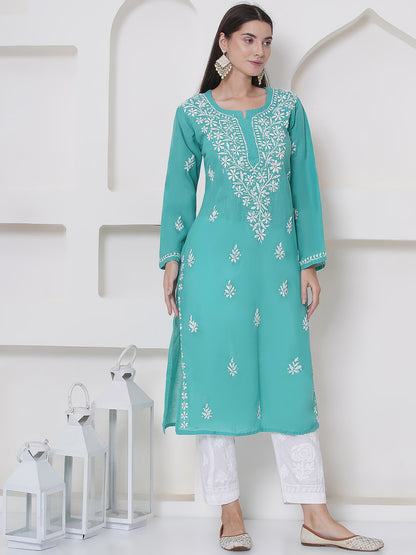 Sea Green Cotton Chikankari Kurti For Women