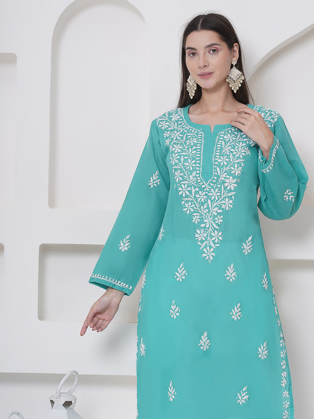 Sea Green Cotton Chikankari Kurti For Women