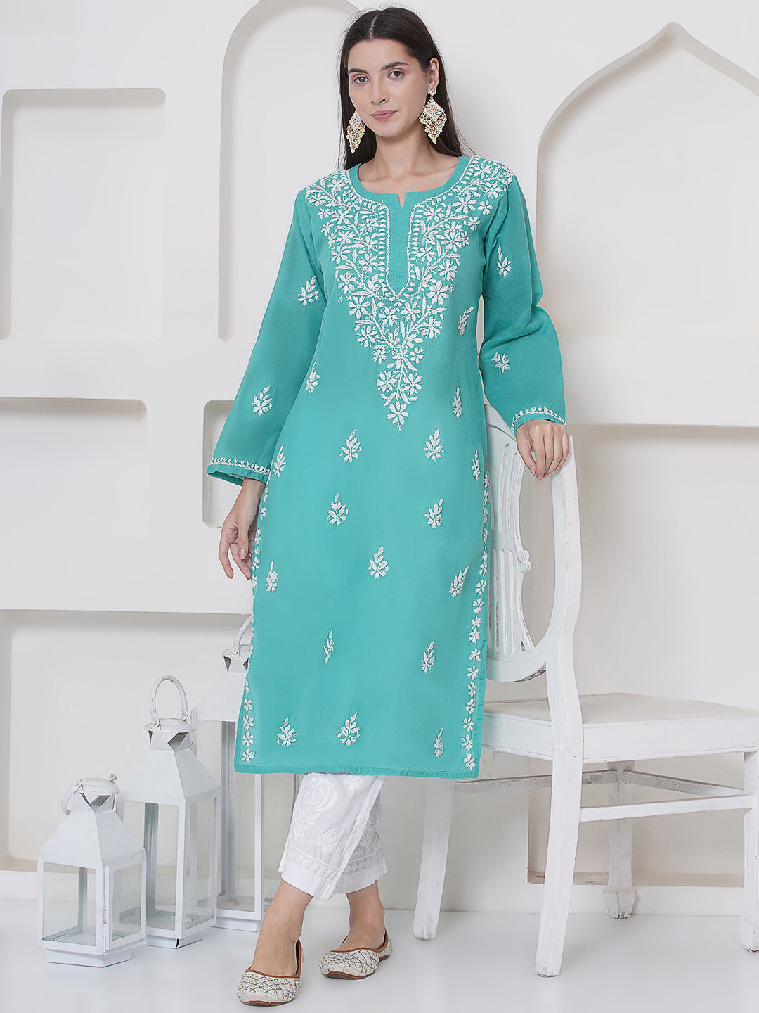Sea Green Cotton Chikankari Kurti For Women
