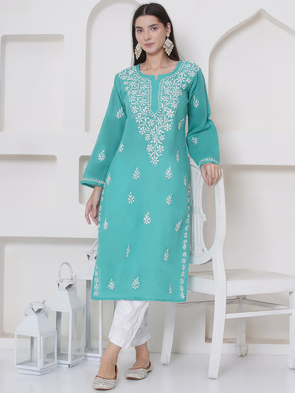 Sea Green Cotton Chikankari Kurti For Women