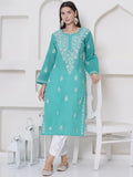 Sea Green Cotton Chikankari Kurti For Women