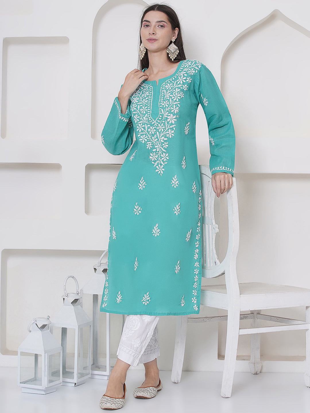 Sea Green Cotton Chikankari Kurti For Women