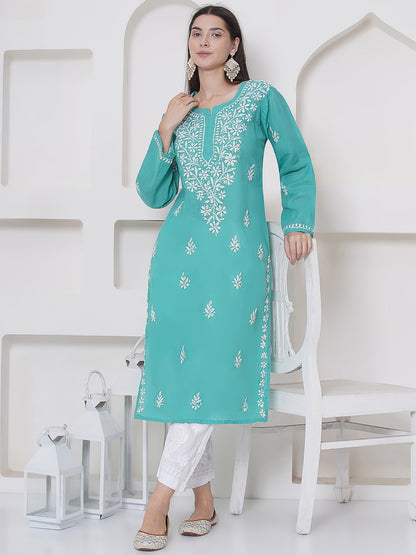 Sea Green Cotton Chikankari Kurti For Women