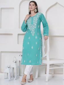Sea Green Cotton Chikankari Kurti For Women