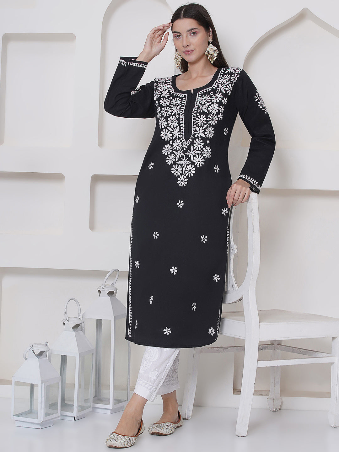 Black Cotton Chikankari Kurti For Women