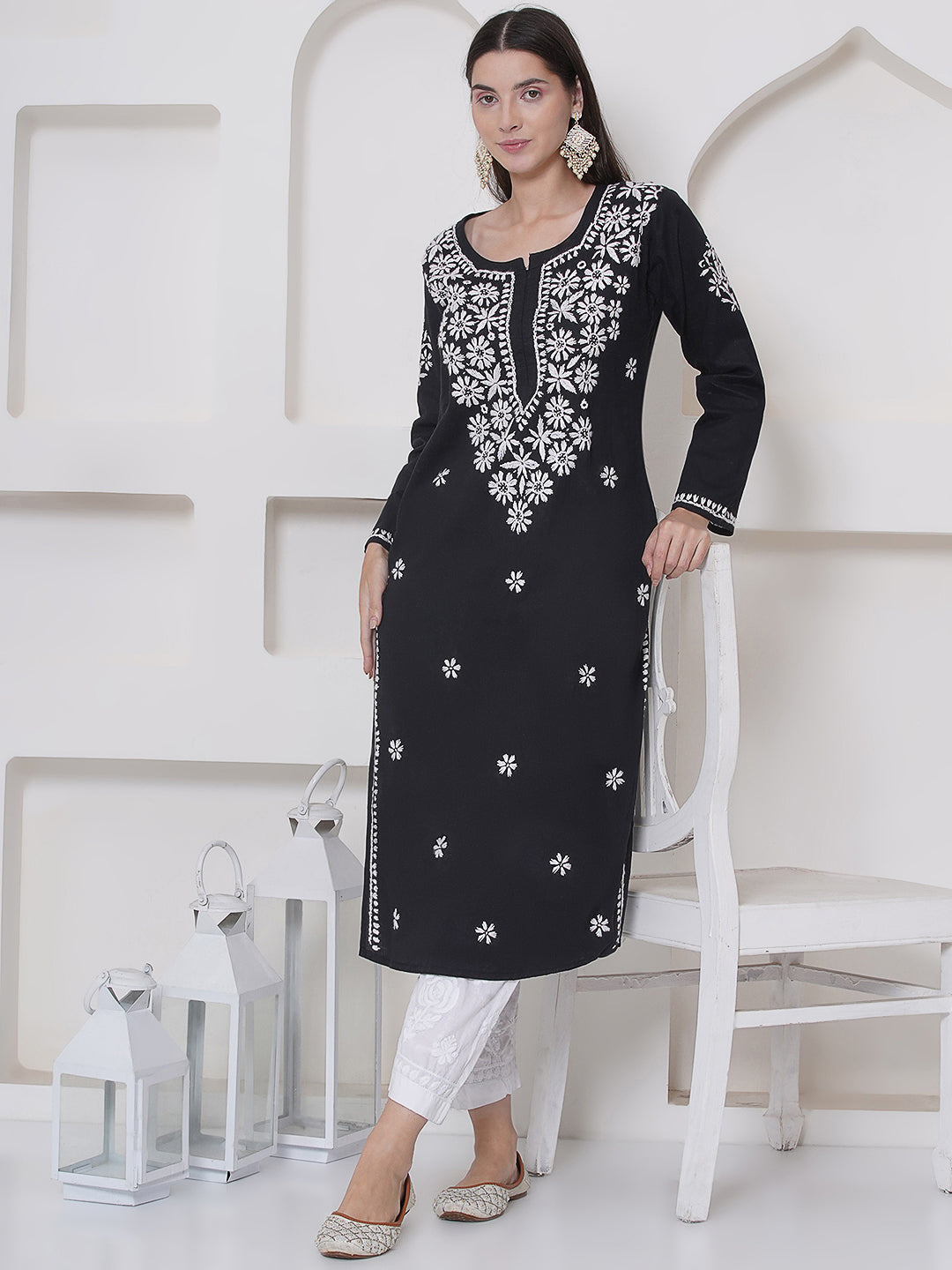 Black Cotton Chikankari Kurti For Women