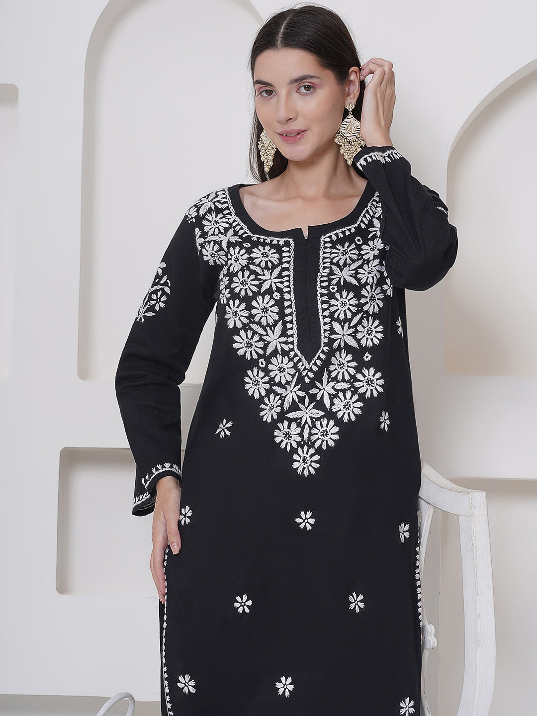 Black Cotton Chikankari Kurti For Women