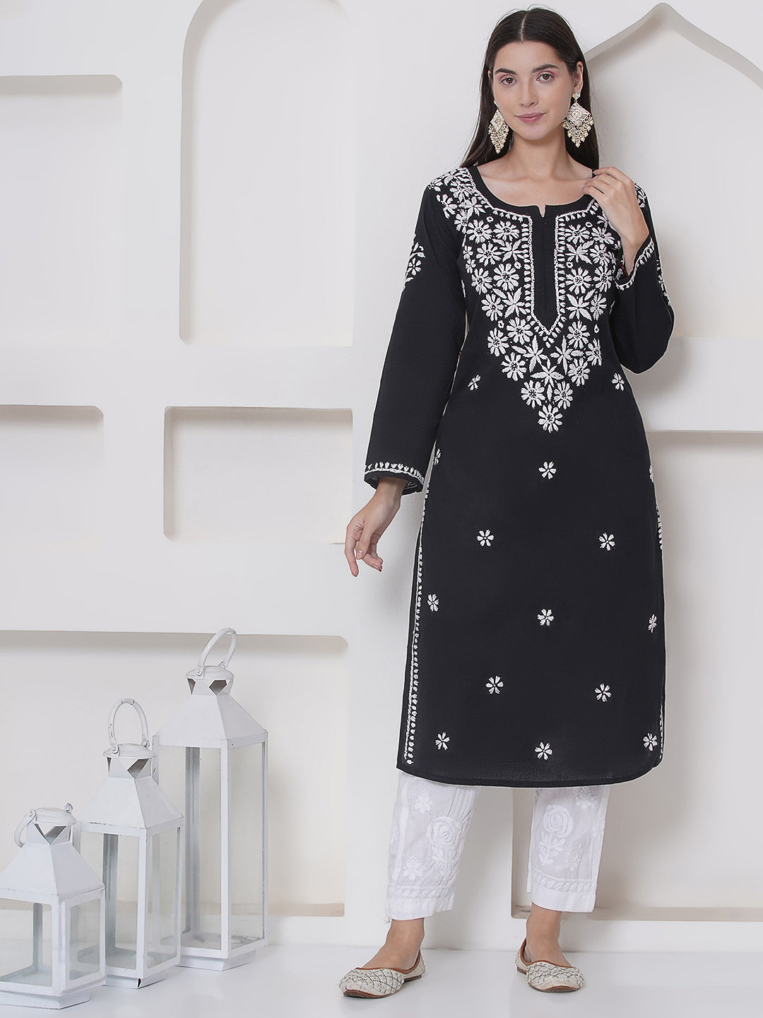 Black Cotton Chikankari Kurti For Women