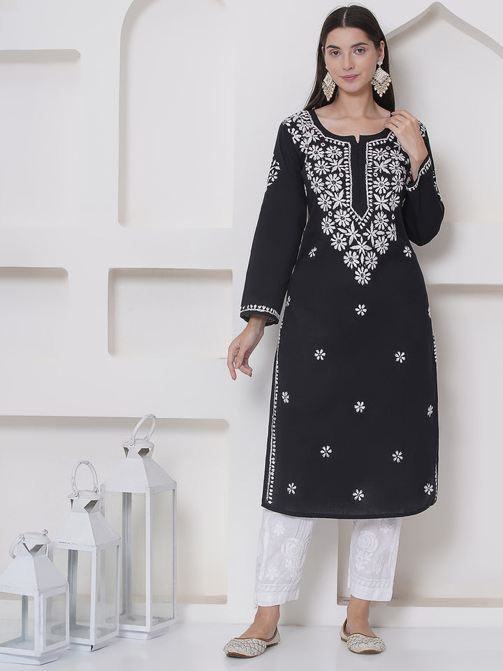 Black Cotton Chikankari Kurti For Women