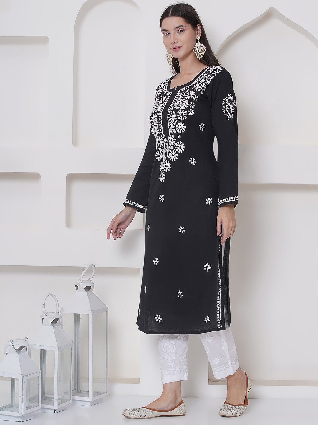 Black Cotton Chikankari Kurti For Women